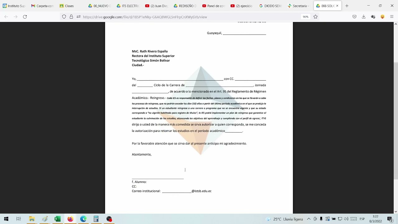 carta de reingreso a la universidad
